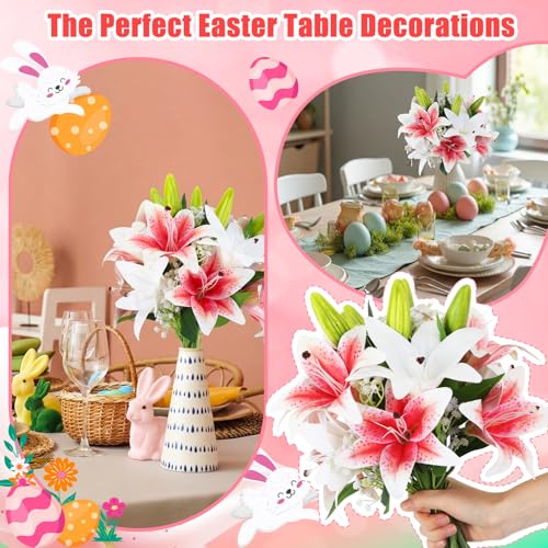 Janinka 12pcs Artificial Lily Flowers 12 Heads White and Pink Faux Tiger Lilies Flowers with Fake Baby Breath Artificial Gypsophila for Spring Home Church Wedding Decoration
