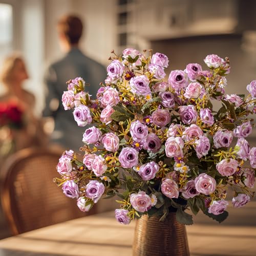 Artificial Rose Flowers for Outdoor 4 Bundles Rose Bouquet with Daisy Faux Flowers UV Resistant for Home Indoor Outside Garden Porch Window Box Balcony Yard Porch Fall Decor (Purple) - color: Purple