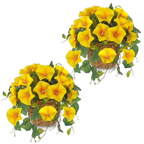 Briful 2 Pack Fake Morning Glory with Handwoven Basket - 8.2" Yellow Faux Potted Flowers Silk Floral Table Centerpiece for Home Office Room Shelf Desk Decor - color: Yellow
