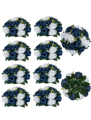 BLOSMON Navy Blue Flowers for Centerpieces: 10 Pcs Artificial Roses Flower Balls for Wedding Table - Fake Silk Kissing Bouquet Floral Arrangement for Home Party Event Decoration - color: Navy Blue & White
