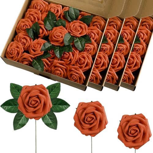 100 Pcs Artificial Foam Rose Flower Faux Bouquet Wedding Fake Rose Gift for Mother's Day Women DIY Bridal Shower Party Table Birthday Home Spring Decor (Orange) - color: Orange