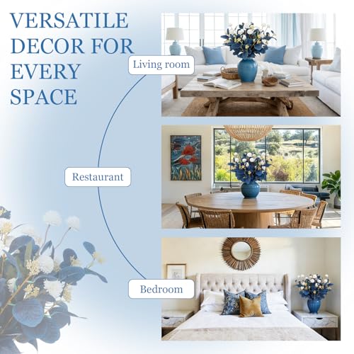 Dallisten Fake Flowers for Vase, 16 pcs Faux Silk Pompom Mum Artificial Flowers with Eucalyptus Stems, Mini Floral Long Stem Arrangements for Home Decor, Wedding, Table Centerpieces DIY Floral Designs - color: Navy Blue+white