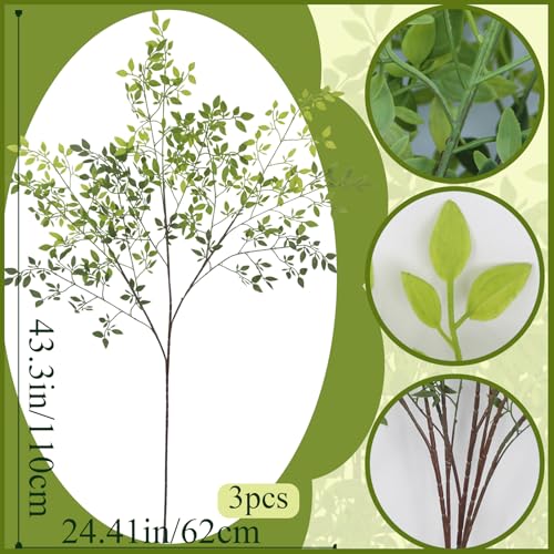 3 Pcs Faux Greenery Stems for Vase 43.3 inch Artificial Branches with Leaves Nandina Fake Plants Spring Stems for Vase Home Shop Garden Decoration