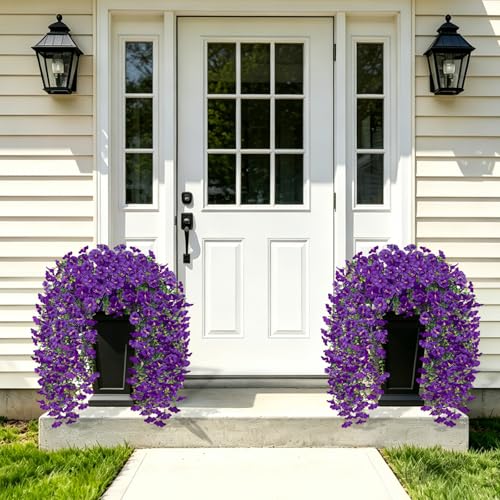 Artificial Flowers for Outdoors, 6-Pack 420 Blooms UV Resistant Hanging Morning Glory Silk Flowers Vines, Realistic Fake Plants Outside Decroation for Porch Patio Balcony Yard Garden (Purple) - color: Purple