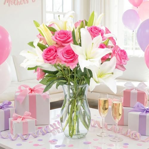 Benchmark Bouquets Oriental Lily & Pink Rose Bouquet – Real Fresh Flowers for Delivery – Mothers Day Flowers for Mom – Long Stem Roses Fragrant Lilies – Gifts for Mom & Mother-in-Law – Vase Included - color: Pink