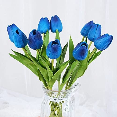 UKELER 24 Pcs Artificial Tulip Flowers Blue Fake Tulips with Stems Real Touch PU Tulips for Wreath Wedding Bouquets Table Centerpiece Floral Arrangement Home Décor 13.5" Tall - color: Dark Blue