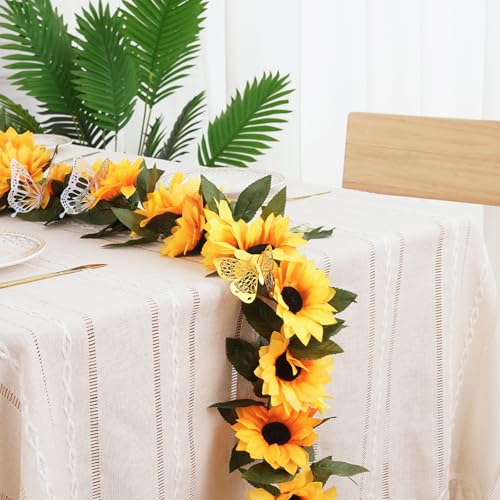 BonBloom's 4 Pack Artificial Sunflower Garland,7.5ft Sunflower Vines Fake Silk Sunflowers with Green Leaves,Flower Garland for Wedding Birthday Party Wall Backdrop Home Decoration - color: Sunflower, size: 4 Pack
