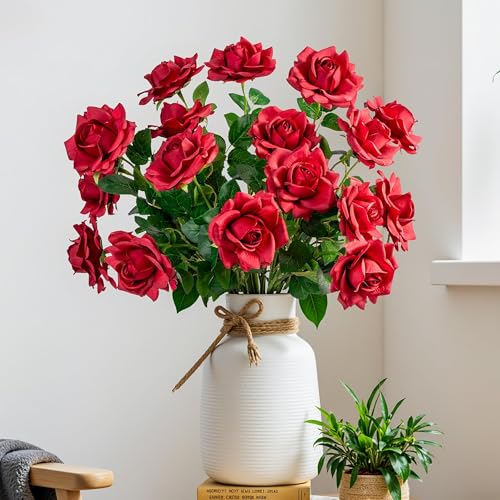 Artificial Flowers Artificial Roses Fake Roses 20PCS Long Stem Artificial Flowers for Tall Vase Silk Rose Suitable for Indoor Wedding Party Decor Valentine's Day DIY Bouquet Spring,Red, 23.2In - color: Red