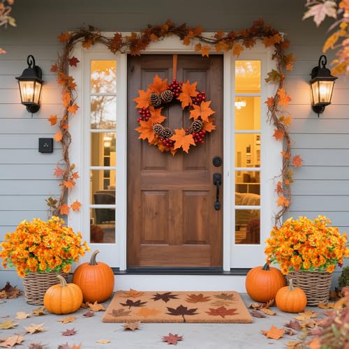10pcs Outdoors Artificial Mum Flowers UV Resistant Daisy Fake Silk Chrysanthemum Greenery Faux Eucalyptus Plants for Spring Summer Garden Patio Window Box Planter Home Decor(Orange) - color: Orange