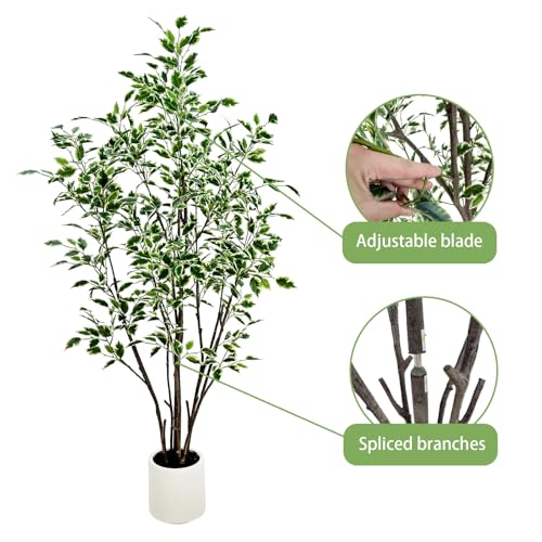 5ft Artificial Ficus Tree with White Plastic Planter | Foliage: Designed with natural green and white variegated leaves for lifelike indoor landscape - color: White, size: 5ft