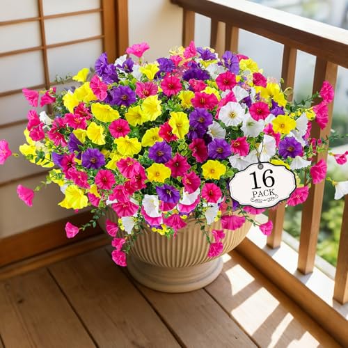 Alotiki 16 Bundles Artificial Flowers for Outdoors Decoration,Faux UV Resistant Morning Glory Flowers with Eucalyptus Leaves,for Porch Outside Indoor Yard Home Patio Decor(16, Multiple Color) - color: Eucalyptus Morning Glory, size: 16P