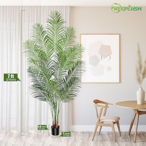 Artificial Palm Tree 7ft Tall Fake Palm Tree Indoor Decor with 18 Leaves and Real Bark Design Faux Tropical Areca Palm Silk Floor Plant in Pot for Home Office Living Room Bedroom Decor 1pcs - size: 7ft
