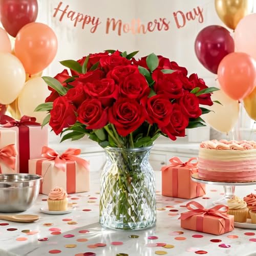 Benchmark Bouquets - Red Roses Bouquet - Fresh Flowers for Delivery - Two Dozen Long Stem Roses - Mothers Day Flowers for Mom - Mothers Day Gifts for Mom - Mothers Gifts (Glass Vase Included) - style: Deluxe