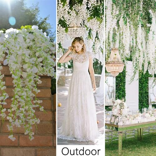 36Pcs Artificial Wisteria Flowers 3.6 Feet/Piece White Dense Artificial Fake Wisteria Vine Ratta Hanging Garland Silk Flowers String Home Party Wedding Decor(White-Dense) - color: White, size: 36 PCS