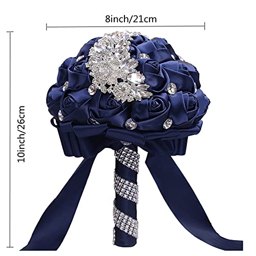 Wedding Bouquets for Bride Bridesmaid Brooch Bouquet Handmade Artificial Rhinestone Satin Rose Flower Tossing Bouquet for Wedding Ceremony Anniversary(Navy Blue,18cm) - color: Navy Blue, size: 7.1''/18cm