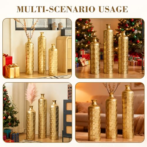 Floor Vases, Tall Home Decor Metal Vase Set of 3 Large Glazed Decorative Vases for Wedding Decor, Elegant Modern Flower Holder for Living Room, Entryway, Hallway - color: Scallop Gold