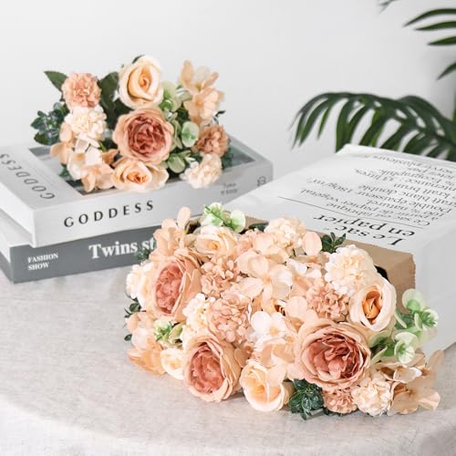 4 Packs Peonies Artificial Flowers Silk Champagne Artificial Peonies Bouquet Fake Flower Arrangements Mixed Roses Hydrangea with Stems for Centerpiece Table Wedding Bridal Bouquets Home Decor - color: Champagne