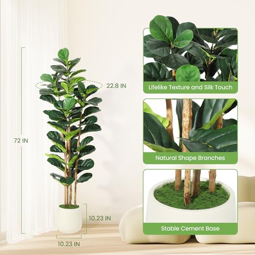 Garvee Artificial Fiddle Leaf Fig Tree with White Planter, 6 ft Tall Fake Plant with Natural Wood Trunk, Faux Ficus Tree Potted Moss for Home Office Living Room Decor - size: 6ft