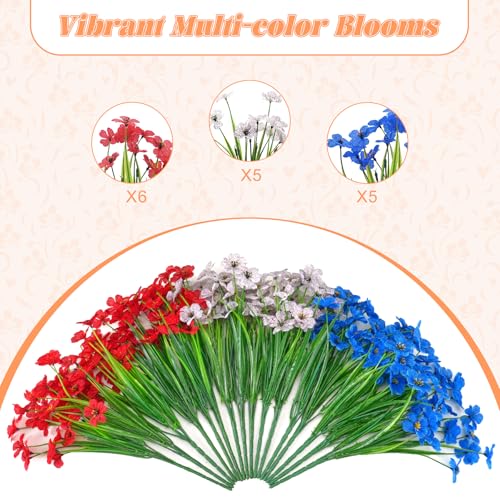 Ammyoo 16 Pcs Artificial Fake Flowers for Outdoor Spring Decoration, Faux Flowers No Fade UV Resistant Silk Flower Plants for Outside Garden Yard Porch Patio Balcony Indoor Decor(Blue White Red) - color: Red White Blue