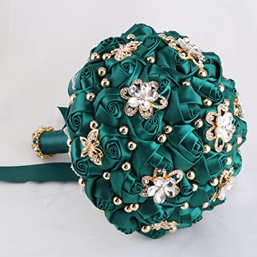 One Big Size(8.26") Gold Diamond Bridal Wedding Bouquet Bridesmaid Toss Bouquet Foam Rose Bouquet with Ribbon W666-21 Emerald Green - color: Emerald Green