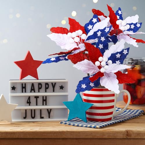 Giegxin 8 Pcs 8'' July 4th Red White Blue Flowers Patriotic Artificial Poinsettia Stems 250th Velvet Red White Blue Ornaments Fold Floral for Holiday Patriotic Party 4th of July Decorations - color: Red White Blue