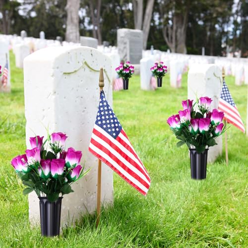 Tigeen 6 Sets Father's Day Cemetery Flowers with Grave Vase 12 Bunches Artificial Rose Memorial Bouquet 84 Heads Fake Silk Flower for Dad Gravesite Graveside Decor(Purple) - color: Purple