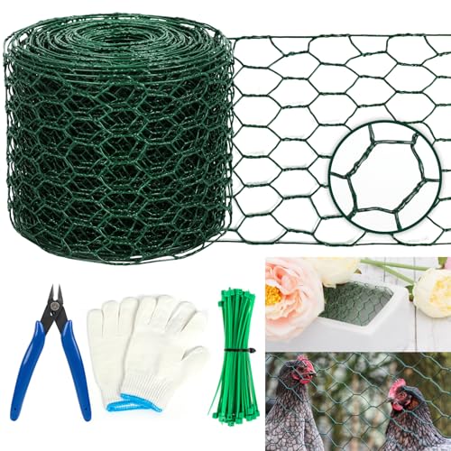 Floral Wire Netting, 4 x 394 Inch Flower Mesh Netting, Chicken Wire for Floral Arrangement, Galvanized Hexagonal Chicken Wire Fence with Plier Gloves, Protect Plant & Decorate Flower Arch, DIY Craft - size: 0.1*10m
