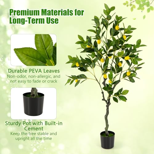 Goplus Artificial Lemon Tree, 48" Tall Fake Lemon Plant, Pre Potted Faux Lemon Tree with Cement Pot, Plastic Lemon Fruit Tree for Home Decor Living Room Office
