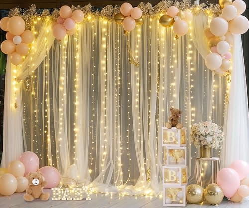 Champagne Tulle Backdrop Curtain with Lights String for Parites Wedding 5x8ft Champagne Sheer Backdrop Curtains for Bridal Shower Baby Shower Birthday Party Photo Booth Background Decorations - color: Champagne, size: 10 ft X 8 ft(2 Panels 5ft X 8ft)