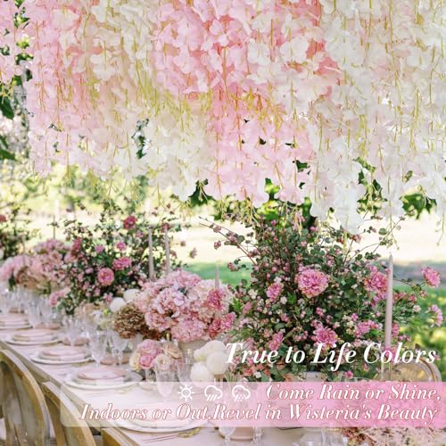 60 Pack White Pink Wisteria Hanging Flowers, Fake Hanging Flowers for Decoration, Artificial Flowers,Vines for Bedroom,Flower Garland for Home,Party,Garden, Wall,Wedding Decoration(3.6 Ft/Pcs) - color: White & Light Pink, size: 60 Pcs