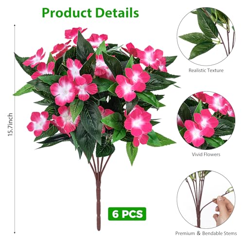 Roberly 6 Bundles Artificial Flowers for Outdoors, Faux Silk Catharanthus Roseus Flowers Bouquet Fake Greenery Plant for Spring Summer Garden Patio Porch Window Box Table Home Decor, Rose Red - color: Rose Red