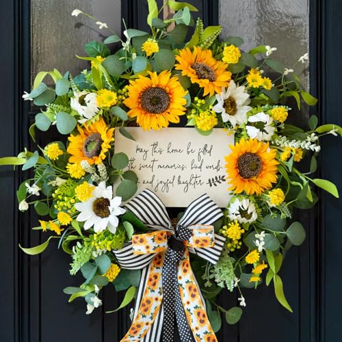 Spring Wreaths for Front Door 24 Inch Handmade Spring Summer Wreath with Artificial Sunflowers,Welcome Message Sign & Elegant Bow and White Yellow Daisy Wildflowers for Home,Porch&Gift Giving - color: Sunflower