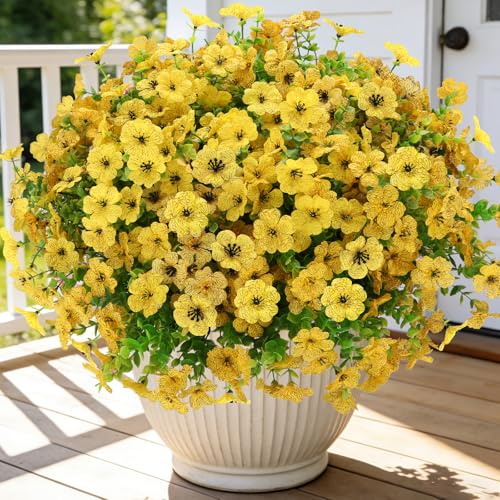 24 Bundles Artificial Flowers for Outdoors, UV Resistant Faux Flowers for Outdoor Planters, Fake Flowers for Outside Porch Patio Window Box, Mixed Color Daisy Bushes for Garden Decor(Yellow) - color: Yellow