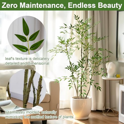 4.6ft Faux Bamboo Tree Artificial Nandina Tree Artificial Indoor Plants Realistic Fake Potted Tree with 800+ Leaves, Cement Planter - Home Office Decor Perfect for Housewarming Gift Non-Toxic - color: Green, size: 4ft 7in