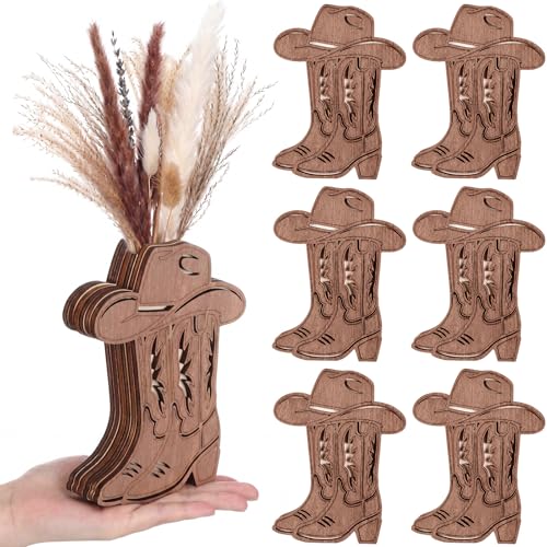 LemonRoad 6 Pcs Wooden Cowboy Boot Vases for Wedding Small Cowboy Boot Hat Flower Vase for Flower Faux Greenery Rustic Western Decor for Table Centerpiece Weddings Party - color: Brown, size: Boot with Hat