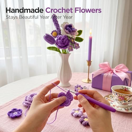 Crochet Flower Bouquet, Purple Handmade Knitted Flowers | Crochet Rose Lavender Flowers, With Card Gift, For Lover Girlfriend Friends - color: Lavender Rose