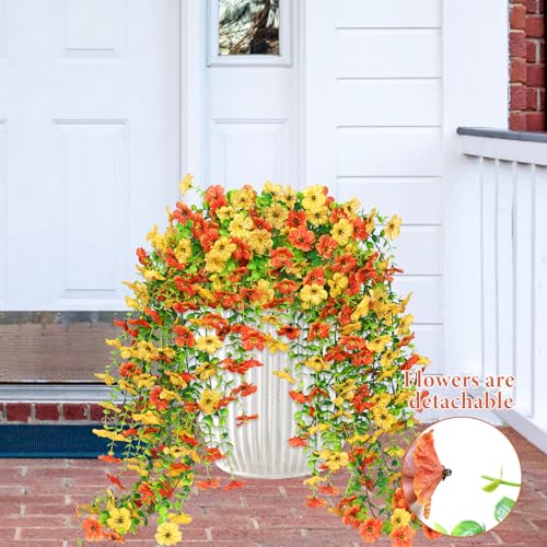 Betylifoy 4PCS Artificial Hanging Flowers Fake Hanging Plants for Outdoors Decor UV Resistant Faux Silk Orchid Flowers Greenery Long Trailing Vines for Indoor Outside Garden Decor (Orange&Yellow) - color: Orange&yellow