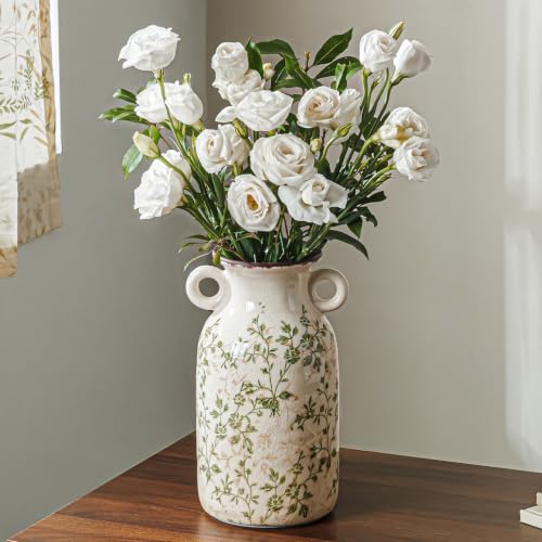 Ceramic Flower Vase | Green Rustic Farmhouse Vase with Handles for Home Decor, Vintage Floral Tuscan Vase for Living Room & Kitchen, Mantel & Bookshelf, Centerpieces, Entryway, Wedding(9.1 Inch) - color: 12-green and Beige