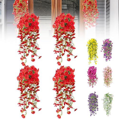 Artificial Flowers for Outdoors Fake Morning Glory Hanging Flower Decoration, 4 Pcs Realistic Faux Plants Petunias Trailing Vines, Spring Summer Decor for Porch Patio Balcony Planter Yard(Red) - color: Red, size: 4 Pcs