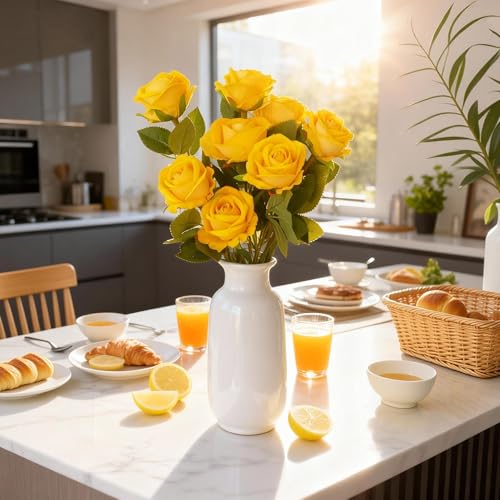 Kenpal Realistic Fake Roses Artificial Flowers with Stem for Decoration Floral Arrangement Centerpieces Wedding Bouquets (10, Yellow) - color: Yellow
