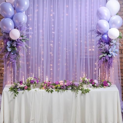10ft x 8ft Purple Backdrop Curtain with Lights String for Parties, Sheer Tulle Wedding Photo Backdrops Drapes for Baby Shower Birthday Party Decorations Background for Photography - color: Purple, size: W5' x H8'(2 panels)
