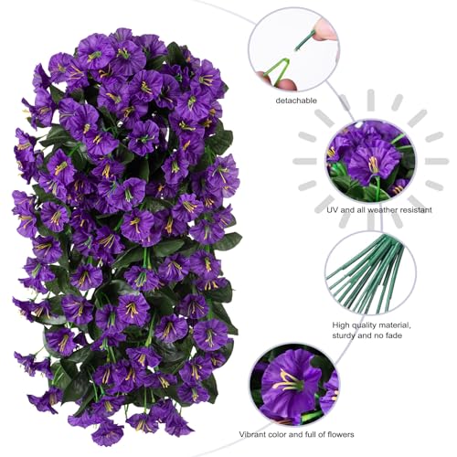 Fake Flowers for Outdoor Decoration, 2 Pcs Spring Silk Purple Morning Glory, Artificial Trailing Vines UV Resistant Realistic for Porch Patio Balcony Planter - color: Purple
