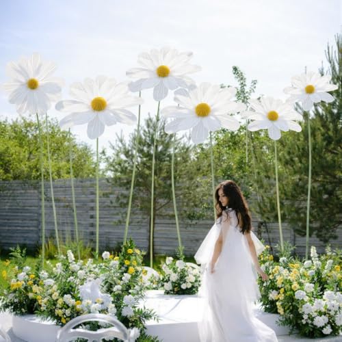 6 Pcs White Large Daisy Flowers for Decoration 12'' 15.8'' 20'' Giant Silk Artificial Flower Fake Daisy for Wedding Garden Birthday Party Bridal Baby Shower Decor, Rod is Not Included - color: White