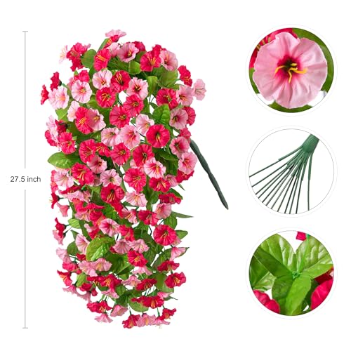 INXUGAO Artificial Fake Hanging Flowers Plants for Outdoor Decoration, 2PCS Faux Silk Morning Glory Long Vines Stems UV Resistant Look Real for Spring Summer Outside Home Porch Patio, Red Pink - color: Z-hot Pink