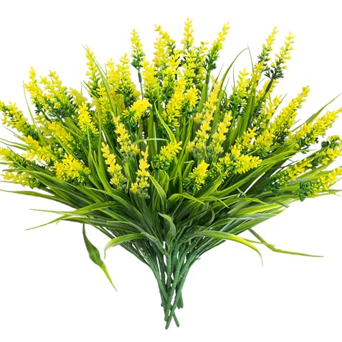 12 Bundles Artificial Lavender Plants Outdoor UV Resistant, Faux Monkey Grass Greenery Fake Flowers - Plastic Indoor/Outdoor Decor for Garden, Porch, Patio, Window Box, Hanging Planters - color: Yellow
