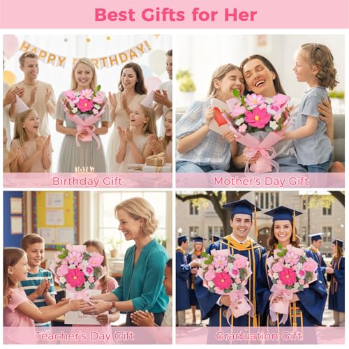 RICHMYC Crochet Flower Bouquet, 10.6 in Pink Handmade Crochet Bouquet Knitted Flowers Roses Tulip Flower, Mother’s Day Personalized Gifts for Birthday Anniversary Mom Women Wife Lover
