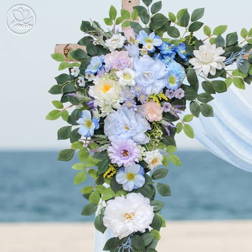 Odouzy Wedding Arch Flowers Kit,Artificial Flower Arch Decor (Set of 3),2pcs Artificial Flower Arrangement with 1pc Sheer Drape for Wedding Decor Reception Backdrop Floral Decorations (Sky Blue) - color: Sky Blue