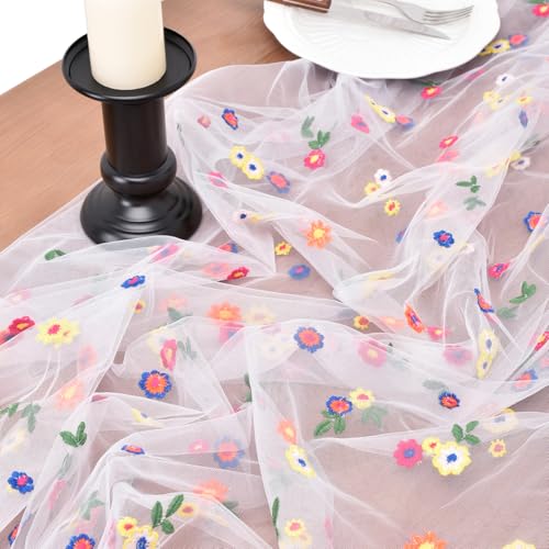Joanlody 3pcs Ivory Embroidery Daisy Spring Summer Table Runner 10ft Florals Seasonal Tulle Table Runner for Home Garden Tea Party Holiday Birthday Decoration - color: Ivory, size: 10ft x 3pack