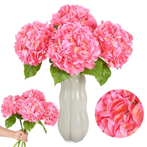 Nubry 4Pcs Pink Hydrangea Artificial Flowers, 22.5In Latex Faux Real Touch Large Hydrangea Flowers with Long Stems & Leaves for Home Office Decor Wedding Party Arrangements(Pink) - color: Pink, size: 4 Pcs