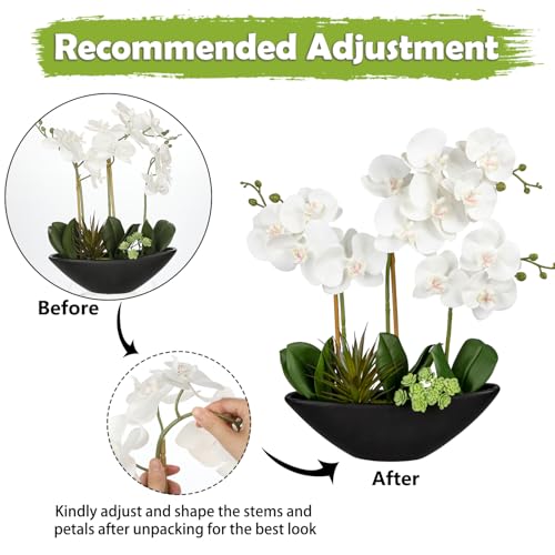 Briful Orchid Fake Flowers 17in White Artificial Orchid Silk Flowers in Black Pot Faux Orchid Arrangement for Home Office Bathroom Dining Table Modern Decoration - color: White Flowers Black Pot